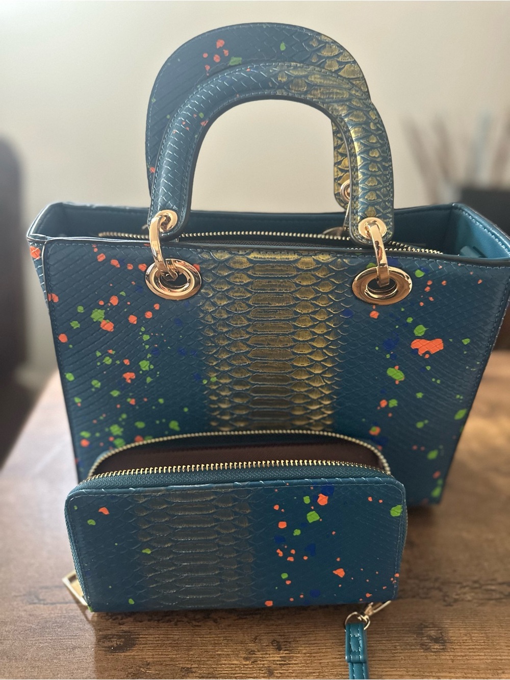 Dark Teal Snake-Print Crossbody Bag with Matching Wallet